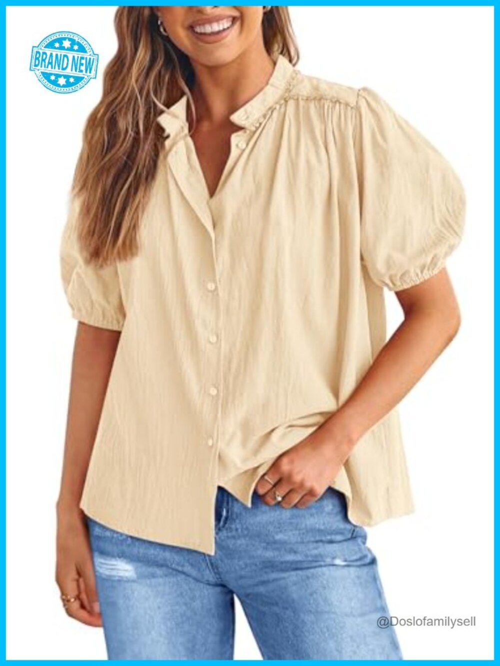 Women's Cotton Button Down Blouse Short Lantern Sleeve V Neck Casual Top
